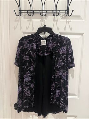 R&M Richards Black Open-Front Short Sleeve Tunic with Lavender Floral Print